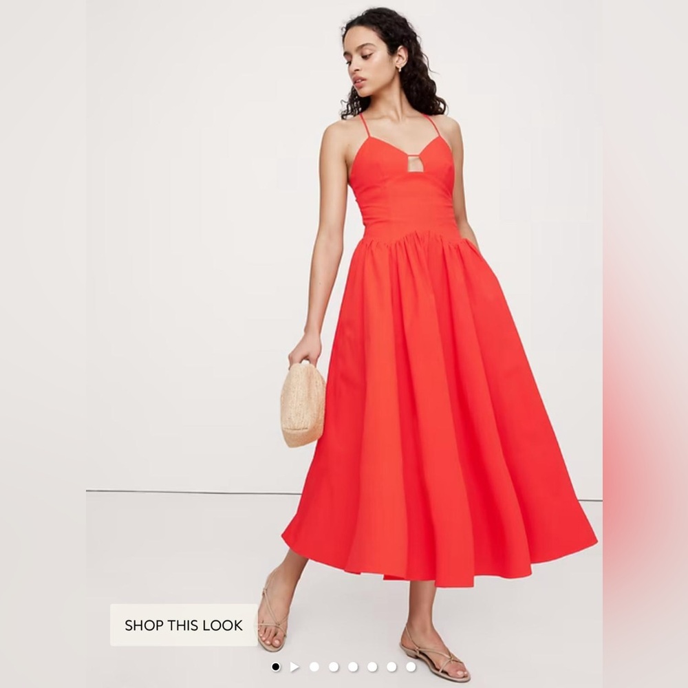 Banana Republic Vibrant Red Midi Dress STRETCH-COTTON POPLIN LONG MIDI DRESS